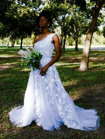One Shoulder Wedding Dress, Lace African Girls Diyed Blue Wedding Dress Bridal Gown