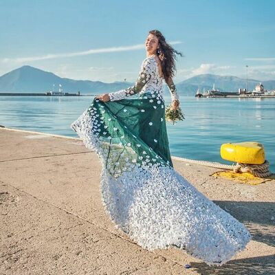 Diyed Olive Wedding Dress, 3D Handmade Flowers Floral Wedding Dress Bridal Gown