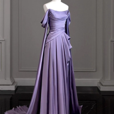 Modest off shoulder purple satin long prom dresses - Thumbnail 1