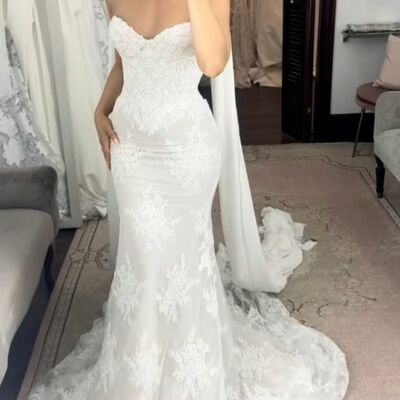 Mermaid wedding dress, lace appliques tulle wedding dress bridal gown - Thumbnail 2