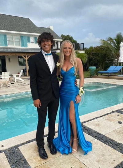 Elegant Sexy Backless Blue V Neck Prom Dress With Split