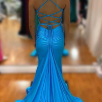 Elegant Sexy Backless Blue V Neck Prom Dress With Split - Thumbnail 1