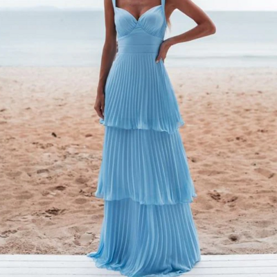 Floor length a-line wide straps blue sleeveless prom dresses - Thumbnail 1