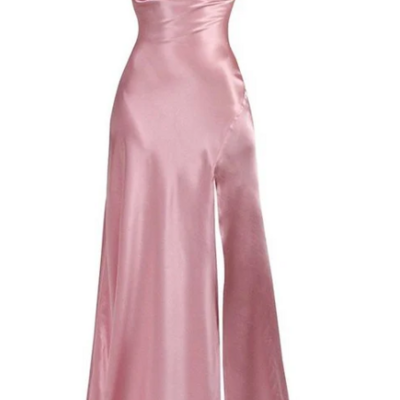 Simple spaghetti straps pink long prom dress with split - Thumbnail 2