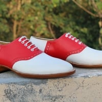 Crafted Leather Handmade Men Two Tone Lace up Red White Leather Saddle Golf Shoes  - Thumbnail 2