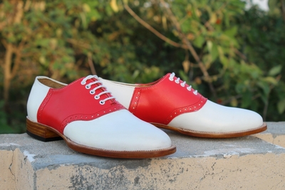 Crafted Leather Handmade Men Two Tone Lace up Red White Leather Saddle Golf Shoes 