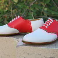 Crafted Leather Handmade Men Two Tone Lace up Red White Leather Saddle Golf Shoes  - Thumbnail 5