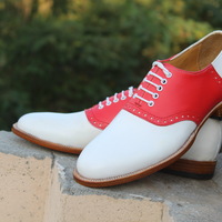 Crafted Leather Handmade Men Two Tone Lace up Red White Leather Saddle Golf Shoes  - Thumbnail 8