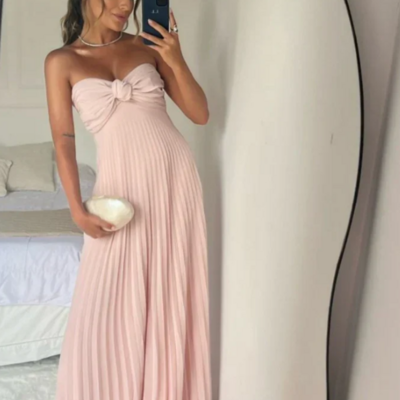Elegant pink strapless a-line pleated long prom dresses - Thumbnail 1