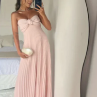 Elegant Pink Strapless A-Line Pleated Long Prom Dresses - Thumbnail 1