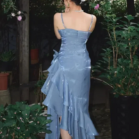Vintage Light Blue Straps Floral Asymmetrical Hem Long Prom Dresses - Thumbnail 1