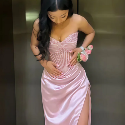 Mermaid sweet pink beaded long senior prom dress - Thumbnail 2