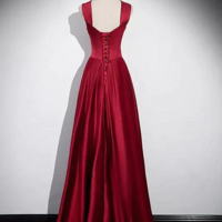 Floor Length Wine Red Straps Satin Scoop Prom Dress - Thumbnail 1