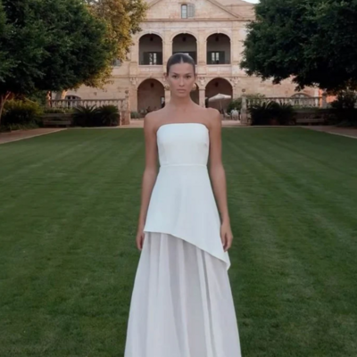 Classy strapless white  a line chiffon long evening dress - Thumbnail 1