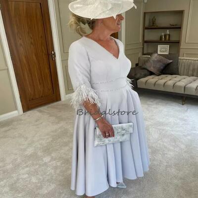Maxi silver mother of the bride dresses plus size v neck beaded feather formal evening dress a line half sleeve midi wedding guest dress