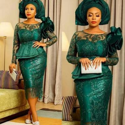 Modern dark green mermaid mother of the bride dresses with peplum sheer jewel neck lace long sleeves prom dress tea length women evening dress