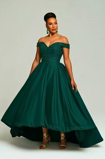 Green A Line Tea-length Off the Shoulder Lace Mother Of The Bride Dresses Formal Evening Dress