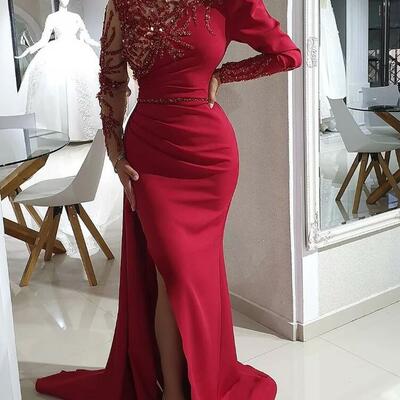 Red mermaid prom dresses beaded full sleeves evening gown satin party formal second engagement birthday gowns dress