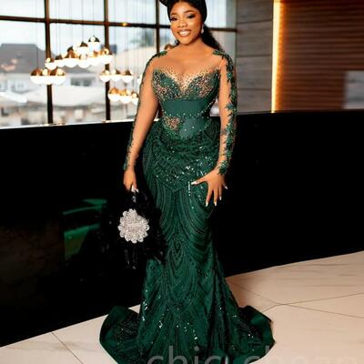 Dark green mermaid prom dress lace beaded crystals evening formal party second reception 50th birthday engagement