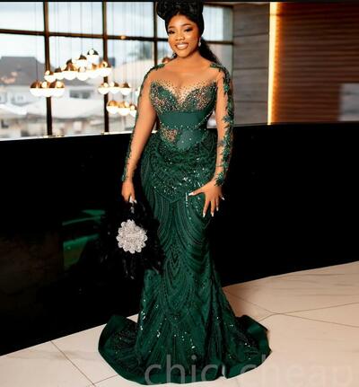 Dark Green Mermaid Prom Dress Lace Beaded Crystals Evening Formal Party Second Reception 50th Birthday Engagement
