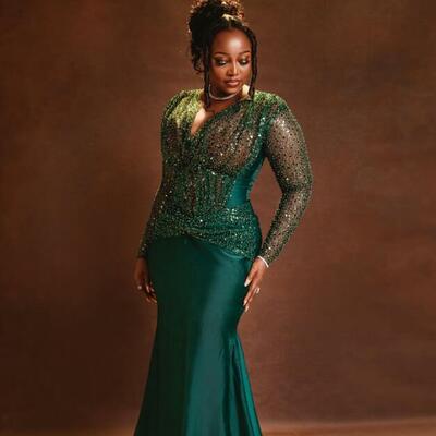 Plus size dark green mermaid prom dresses for special occasion sequined illusion evening formal party second reception birthday dress