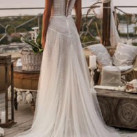 Beach Boho Wedding Dresses A-Line Illusion Neck Short Sleeve Court Train Lace Bridal Gowns With Appliques,1141 - Thumbnail 1