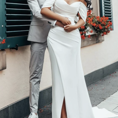 Hall casual wedding dresses sheath / column off shoulder cap sleeve court train satin bridal gowns ,1142