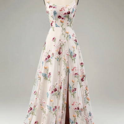 Ivory flower a-line spaghetti straps corset long prom dress with slit,1143