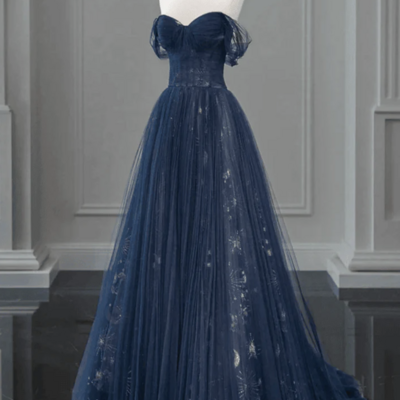 Navy blue sweetheart off shoulder tulle prom dress a-line tulle formal dress,1145