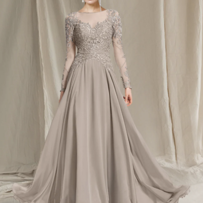 A-line mother of the bride dress luxurious elegant jewel neck floor length chiffon lace long sleeve with pleats appliques,1146