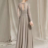 A-Line Mother of the Bride Dress Luxurious Elegant Jewel Neck Floor Length Chiffon Lace Long Sleeve with Pleats Appliques,1146 - Thumbnail 1