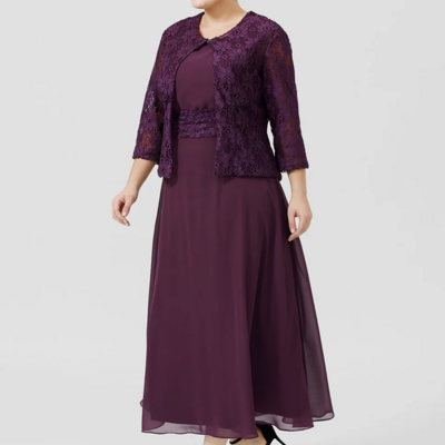 A-line mother of the bride dress formal classic & timeless elegant & luxurious plus size scoop neck tea length，1147
