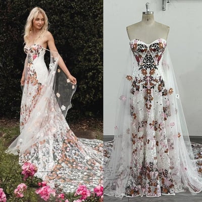 Flowers embroidery lace wedding dress strapless boho low back custom bridal gown，1148