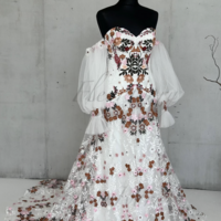 Flowers Embroidery Lace Wedding Dress Strapless Boho Low Back Custom Bridal Gown，1148 - Thumbnail 1