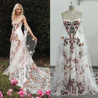 Flowers Embroidery Lace Wedding Dress Strapless Boho Low Back Custom Bridal Gown，1148 - Thumbnail 2