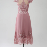 Dusty Rose A-Line Scoop Illusion Tea-Length Mother of the Bride Dress With Sequins,1149 - Thumbnail 1