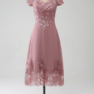Dusty rose a-line scoop illusion tea-length mother of the bride dress with sequins,1149