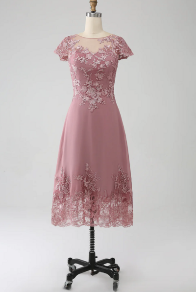 Dusty Rose A-Line Scoop Illusion Tea-Length Mother of the Bride Dress With Sequins,1149