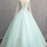 Green Tulle Lace Long Prom Dress, Beautiful Long Sleeve Party Dress - Thumbnail 3