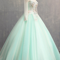 Green Tulle Lace Long Prom Dress, Beautiful Long Sleeve Party Dress - Thumbnail 2
