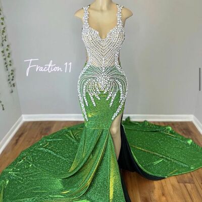 Green mermaid prom dress beaded sequined lace evening formal party second reception 50th birthday engagement gowns dresses