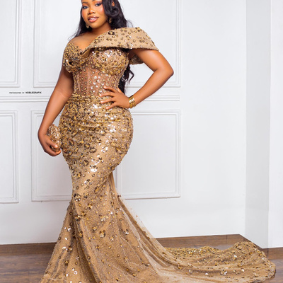 Gold mermaid prom dress sheer neck sequined evening formal party second reception 50th birthday engagement gowns dresses - Thumbnail 2