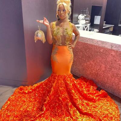 Orange mermaid prom dress lace appliques evening formal party second reception 50th birthday engagement gowns dresses