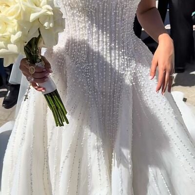 Luxury pearls wedding dress, tulle wedding dress bridal gown