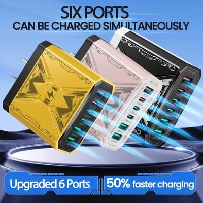 6-in-1 fast charging usb charger adapter – qc 3.0 tech, 4 usb-a + 2 usb-c ports