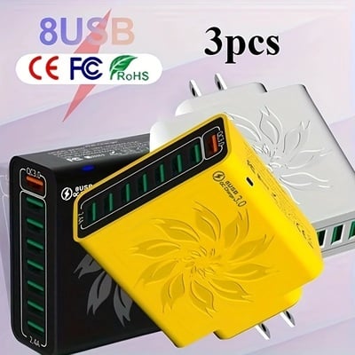 8-port fast charging power adapter with qc 3.0 – 110–130v, compact usb charging station with 8 usb-a ports