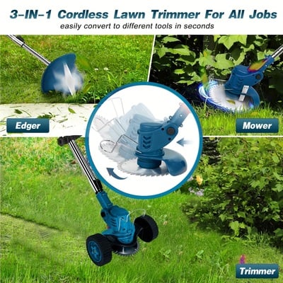 Cordless lawn mower with high-power copper motor – adjustable steel handle, 90° pivoting head