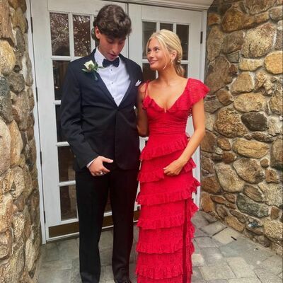 Stunning red ruffle lace prom dress & classic black tux couple look , elegant formal evening dress