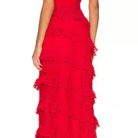 Stunning Red Ruffle Lace Prom Dress & Classic Black Tux Couple Look , Elegant Formal Evening Dress - Thumbnail 1