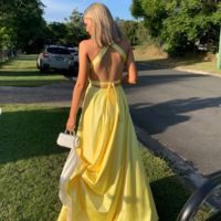Modest Yellow Satin Evening Dresses with Side Slit - Thumbnail 1